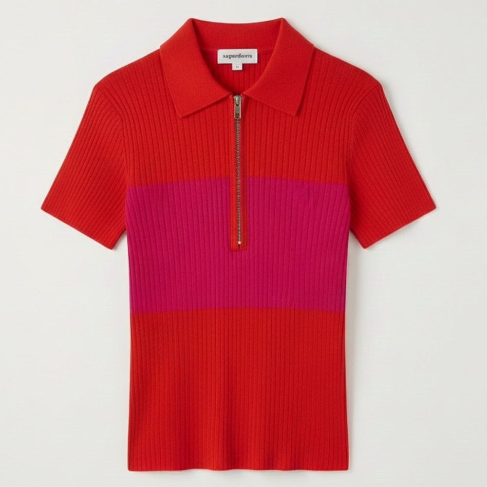 Superdown Orange and Pink Ribbed Zip-Up Blouse